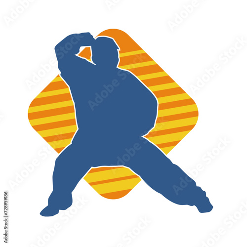 Silhouette of a man in oriental martial art pose. Silhouette of a male in martial art move.