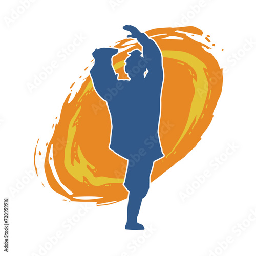 Silhouette of a man in oriental martial art pose. Silhouette of a male in martial art move.