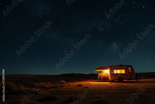 caravan is prominently featured it’s illuminated from the inside casting a warm glow in the surrounding area