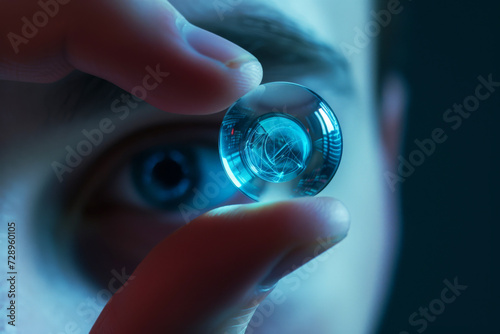 Iris recognition. Person holding contact lenses data visualization, information. AI generative