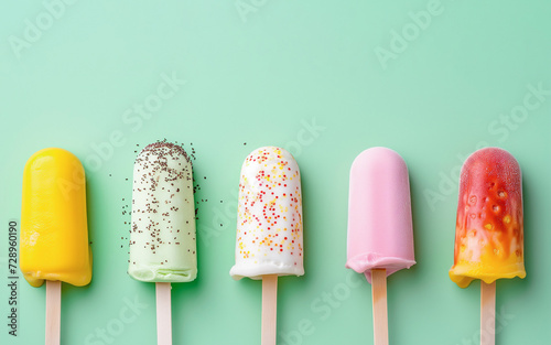 A vibrant array of ice cream bars on sticks with colorful sprinkles on a mint green background. Place for text © evgenia_lo