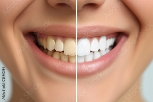 Close-up split image showing the before and after results of teeth whitening treatment; the left side displays stained yellow teeth and the right side shows a set of bright white teeth. photo
