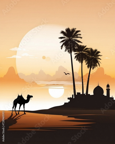 A silhouette of a camel on a desert landscape at sunset, with palm trees and mosque in the foreground. photo