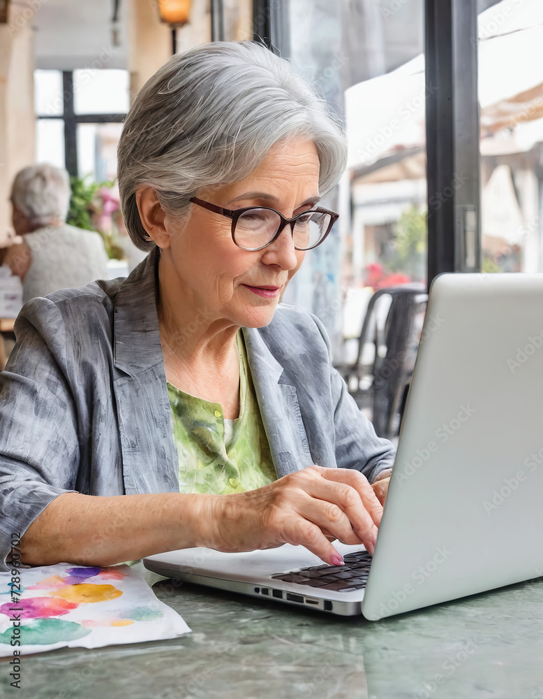 Portrait of senior woman with grey hair working on laptop in cafe Portrait of senior woman with grey hair working on laptop in cafe