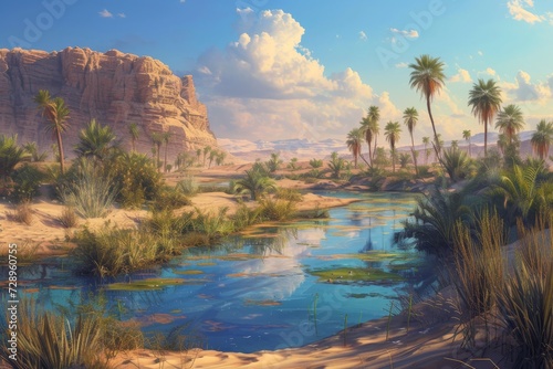 oasis surrounded clear blue water of the oasis reflects the sky and surrounding landscape