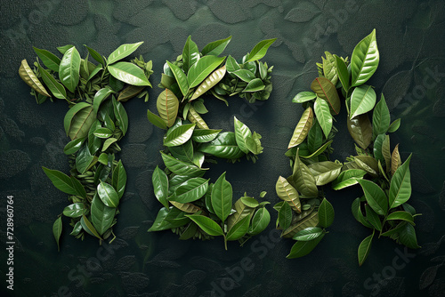 The word TEA is beautifully spelled out with luscious green tea leaves against a dark background photo
