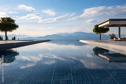 A beautiful and big swimming pool in a villa or resort with a view