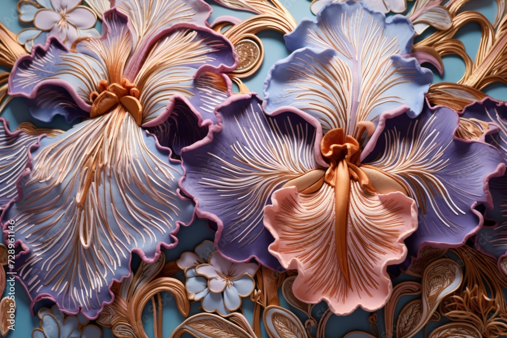 White and purple color 3d floral wallpaper design - obrazy, fototapety, plakaty 