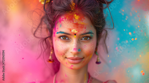 Holi Festival. Close-up portrait of a young woman's face, her skin adorned with vibrant colors of pink and yellow, during the joyous celebration of the Holi Festival.