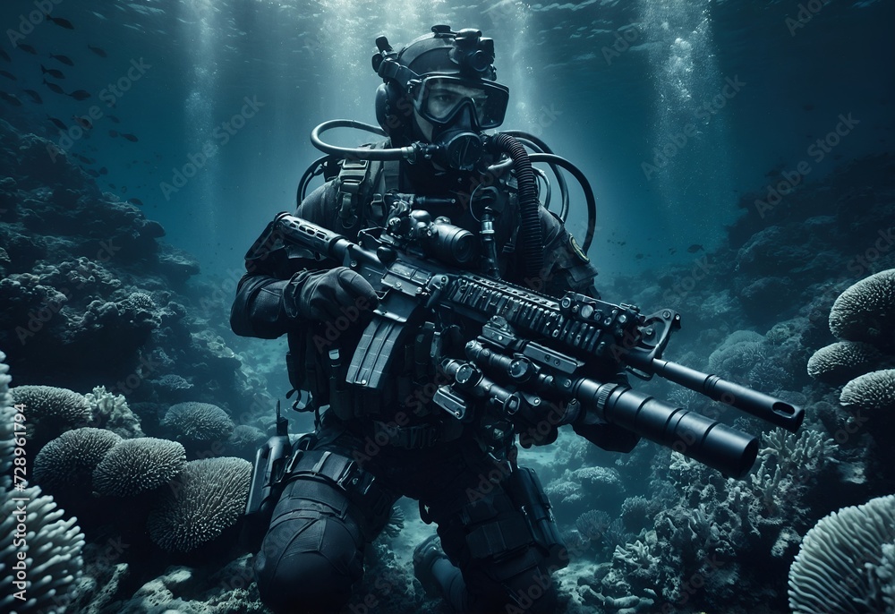 a soldier equipped with diving gear and carrying a weapon underwater