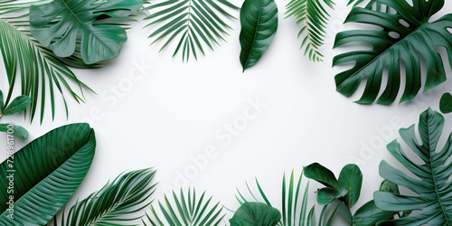 Top view tropical green leaves frame border on white background, Flat lay Minimal fashion summer holiday vacation concept