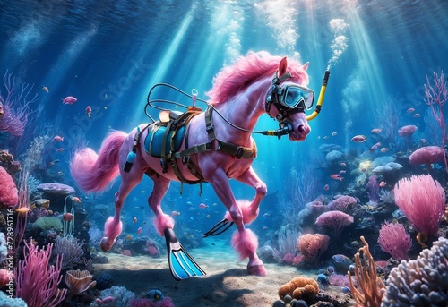 a horse with customized diving gear, exploring the vibrant underwater world