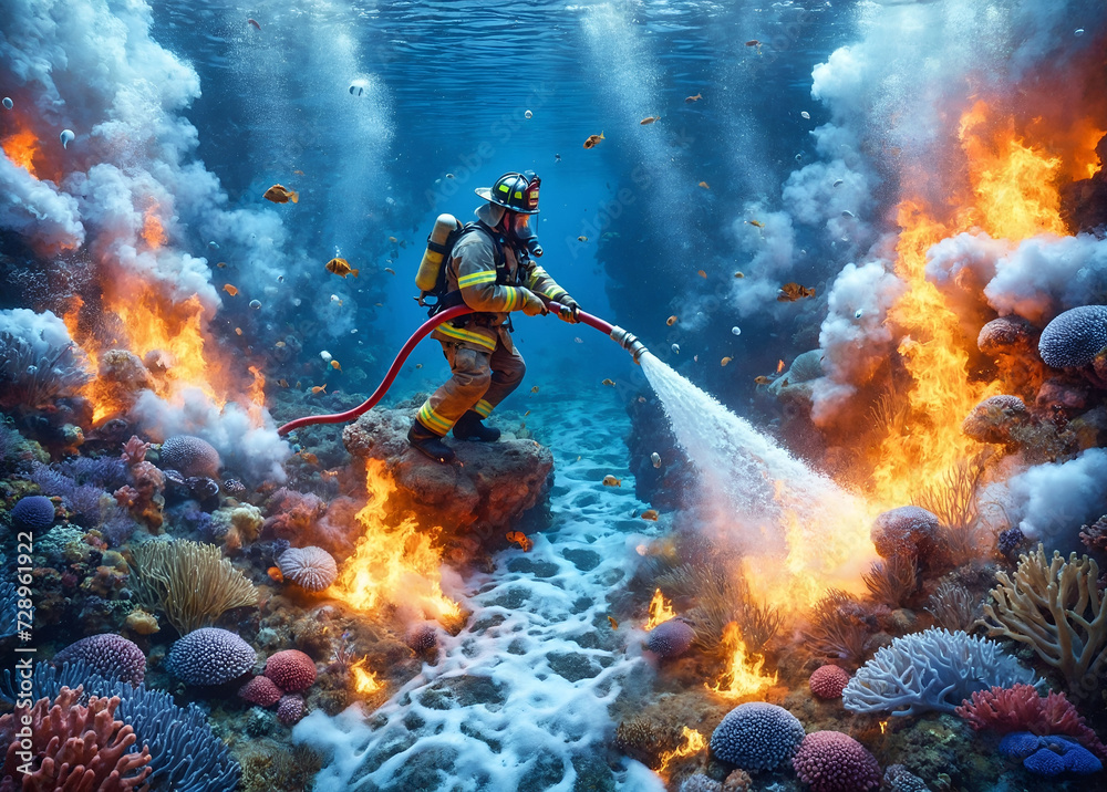 a surreal scene of a firefighter working to extinguish a fire underwater a surreal scene of a firefighter working to extinguish a fire underwater
