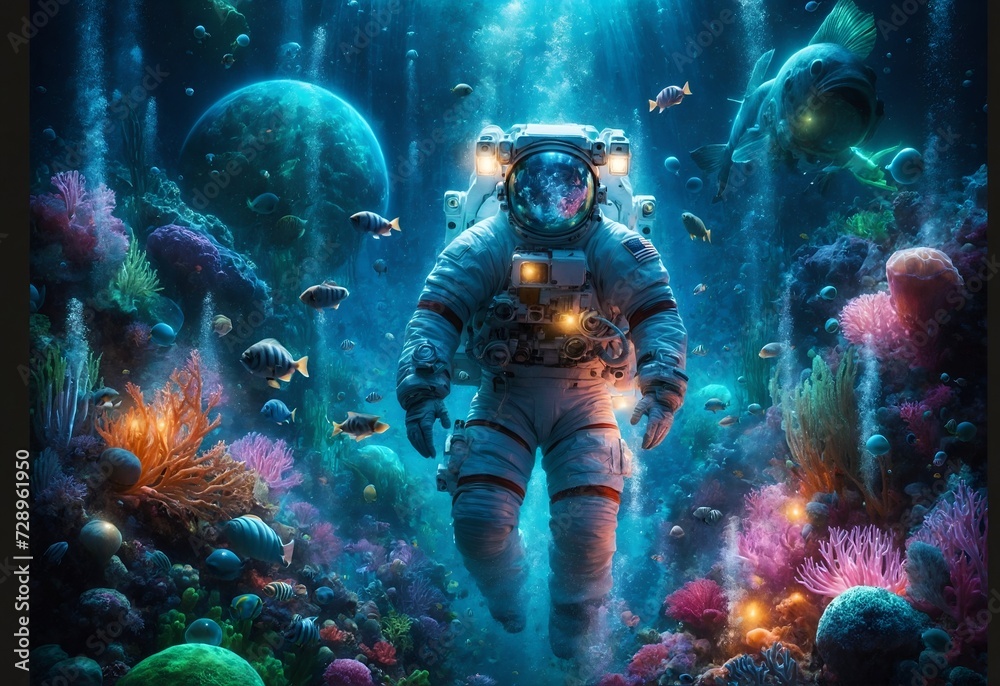 an astronaut exploring an underwater world an astronaut exploring an underwater world