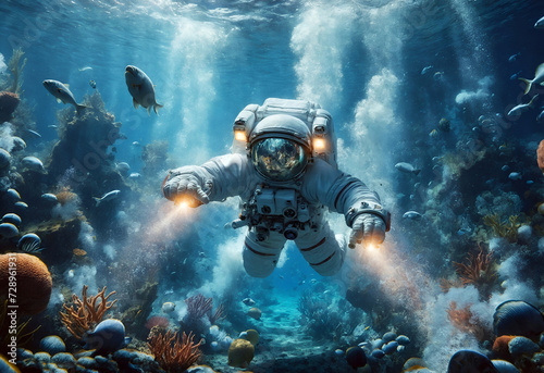 an astronaut exploring an underwater world