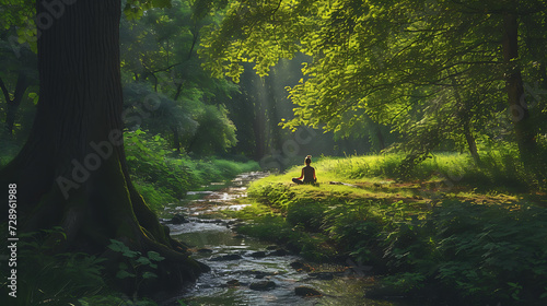 Um claro da floresta tranquila e iluminada pelo sol proporciona o cenário perfeito para uma série de imagens de autocuidado e bem-estar mental photo