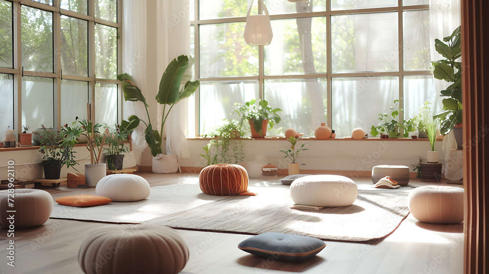Um quarto sereno e ensolarado apresenta um ambiente tranquilo com tapetes de yoga e almofadas macias em tons pastéis espalhados pelo chão - obrazy, fototapety, plakaty 