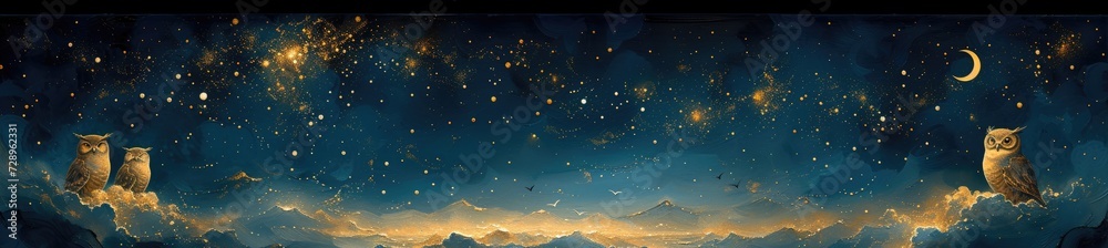 Whimsical Owls Perched on Clouds Under a Starry Night