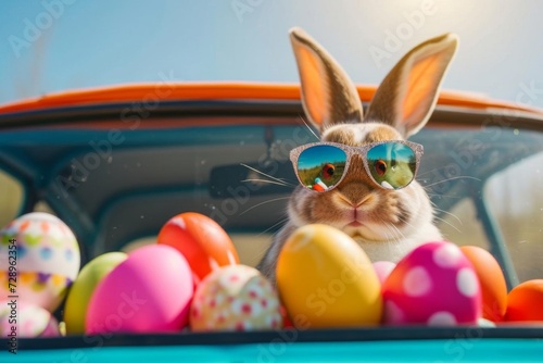 Adorable easter bunny wearing sunglasses Peeking out of a car filled with colorful easter eggs Creating a playful and festive scene