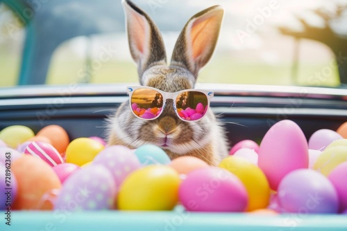 Adorable easter bunny wearing sunglasses Peeking out of a car filled with colorful easter eggs Creating a playful and festive scene