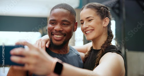 Fitness, face and selfie with couple of friends in gym together for health, workout or memory. Exercise, social media or profile picture with smile of influencer man and woman training for wellness photo