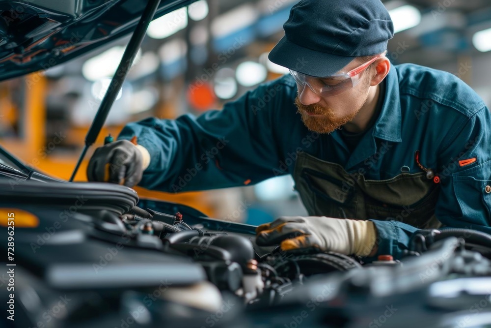 Car technician meticulously working on vehicle maintenance Focusing on the electrical system and battery Ensuring reliability and performance Car technician meticulously working on vehicle maintenance Focusing on the electrical system and battery Ensuring reliability and performance