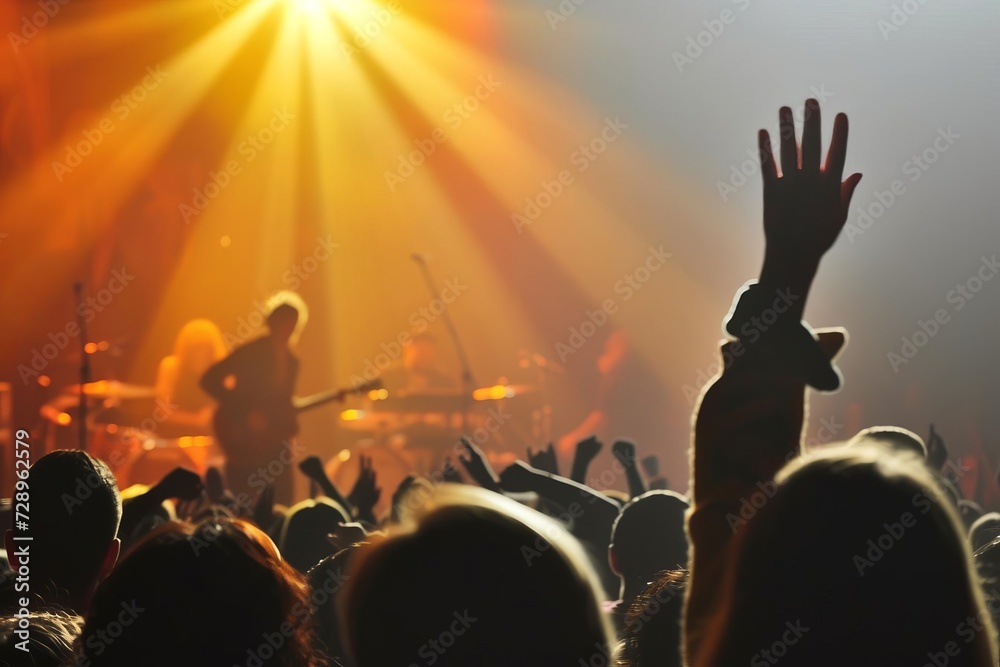 Concert crowd captured in silhouette against vibrant yellow stage lights Creating a dynamic and energetic atmosphere of live music and entertainment - obrazy, fototapety, plakaty 