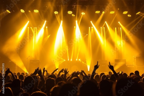 Concert crowd captured in silhouette against vibrant yellow stage lights Creating a dynamic and energetic atmosphere of live music and entertainment