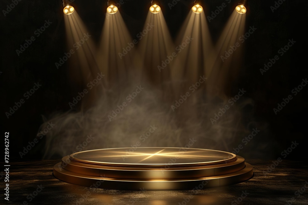 Gold podium illuminated by spotlights on a dark background Creating an elegant and prestigious setting for award ceremonies or product showcases - obrazy, fototapety, plakaty 