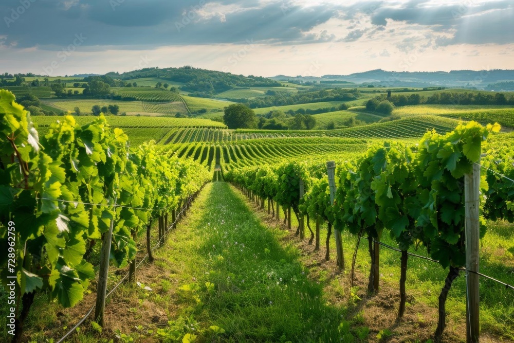 Green vineyard landscape showcasing rows of ripe grapevines ready for harvest Set against a backdrop of scenic countryside Ideal for wine production