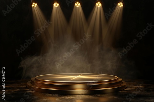 Gold podium illuminated by spotlights on a dark background Creating an elegant and prestigious setting for award ceremonies or product showcases photo