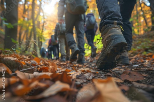 Group of tourists trekking along a path in an autumn forest Focusing on the feet Showcasing the concept of travel Exploration And the beauty of nature