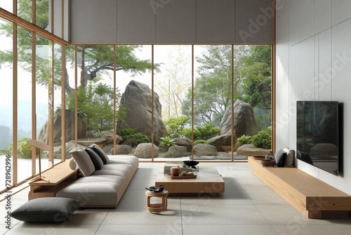 Modern interior design of a living room blending the minimalist elegance of japanese aesthetics with the functional comfort of scandinavian style Featuring natural elements and a soothing ambiance © Bijac