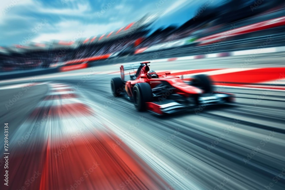 Racing car speeding on a track Capturing the high velocity and competitive spirit of motor sports With motion blur adding to the dynamic and thrilling atmosphere