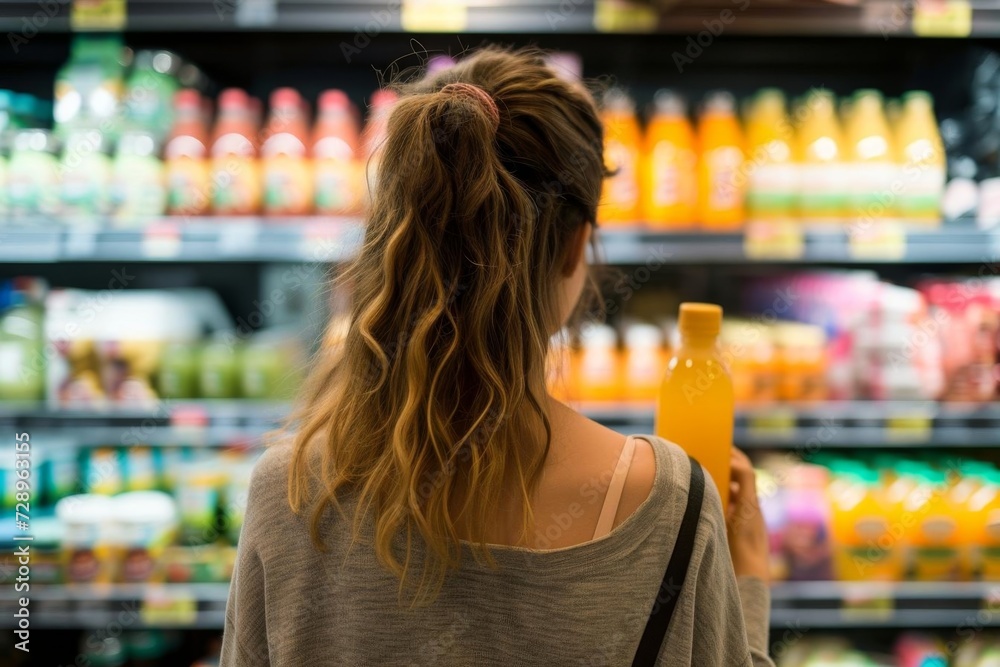 Rear view of a young woman thoughtfully selecting a bottle of juice in a grocery store Highlighting mindful shopping and healthy choices
