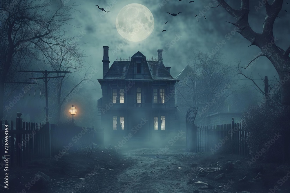 Realistic halloween concept background featuring a creepy horror house A sinister street And moonlight Setting the perfect stage for a spooky and thrilling night