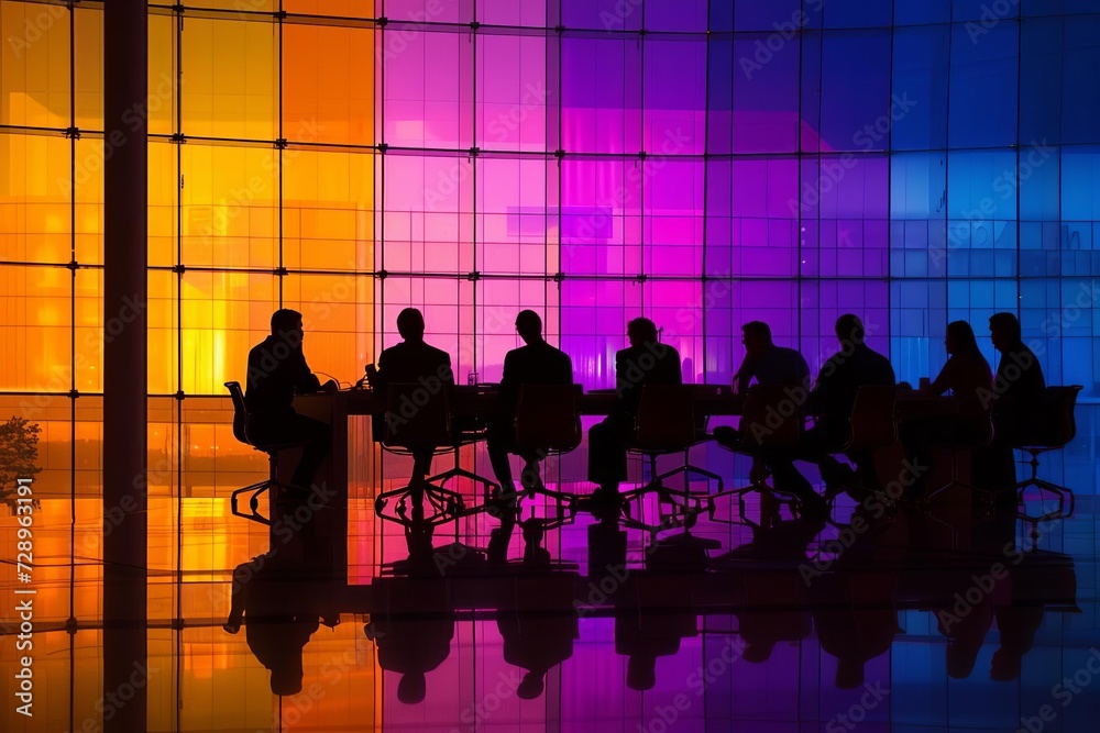 Silhouetted figures in a conference room backlit by a vibrantly colored window Creating a dynamic and engaging corporate environment Silhouetted figures in a conference room backlit by a vibrantly colored window Creating a dynamic and engaging corporate environment