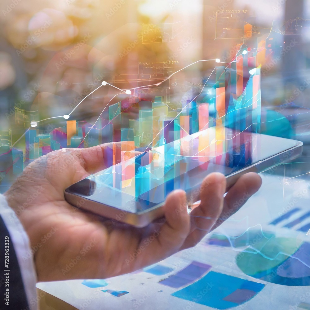 statistics and analytics abstract background with hand holding smartphone and graphs and pie charts showing data and results, business performance or finance
