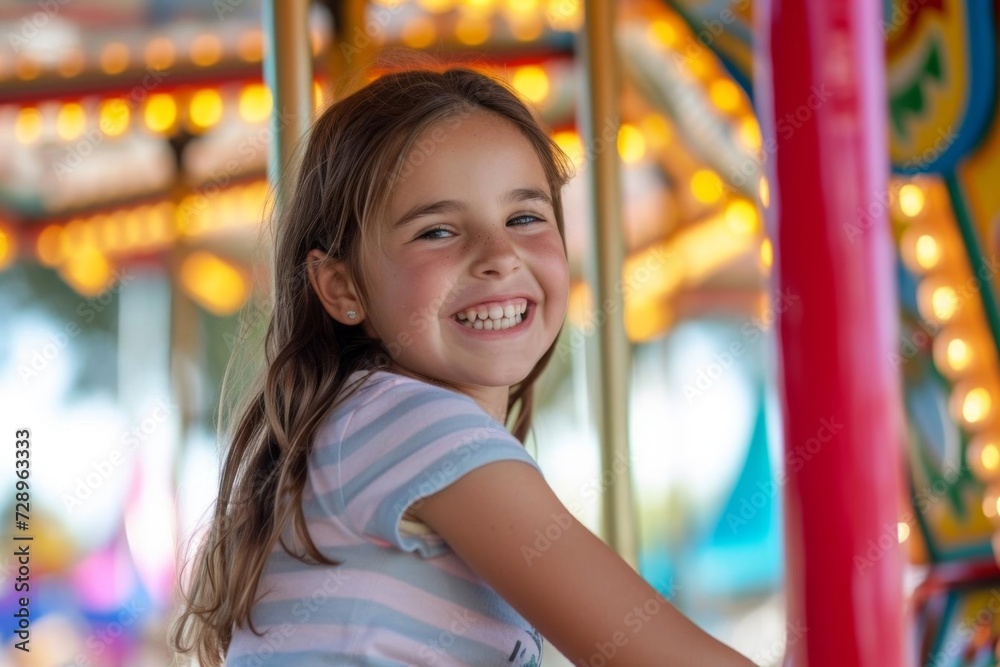 A happy young girl expressing joy and excitement on a colorful carousel or merry-go-round Enjoying the fun and amusement of a carnival or fair A happy young girl expressing joy and excitement on a colorful carousel or merry-go-round Enjoying the fun and amusement of a carnival or fair