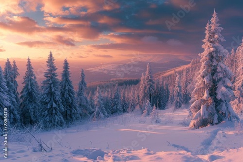 Winter landscape wallpaper featuring a snowy pine forest and a scenic sky at sunset Ideal for a peaceful and serene holiday backdrop © Bijac