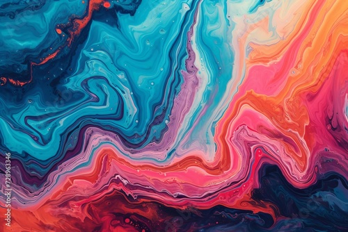 Abstract artwork of marbled acrylic paint Creating a vibrant texture with bold color swirls and waves Suitable for dynamic backgrounds or creative projects