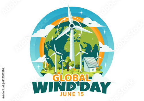 Global Wind Day Vector Illustration on June 15 with Earth Globe and Winds Turbines for Power and Energy Systems on Blue Sky in Flat Cartoon Background