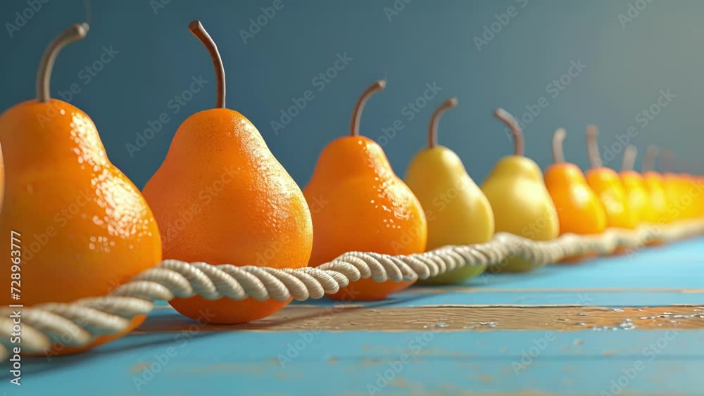 Pears vs. oranges in an intense tug of war match with the oranges fiercely rolling backwards in an attempt to win.