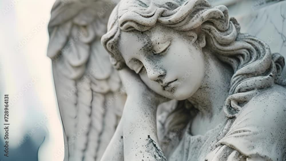 An angelic statue with a broken wing and a grieving expression resting her head on her hand as if lost in thought. An angelic statue with a broken wing and a grieving expression resting her head on her hand as if lost in thought.