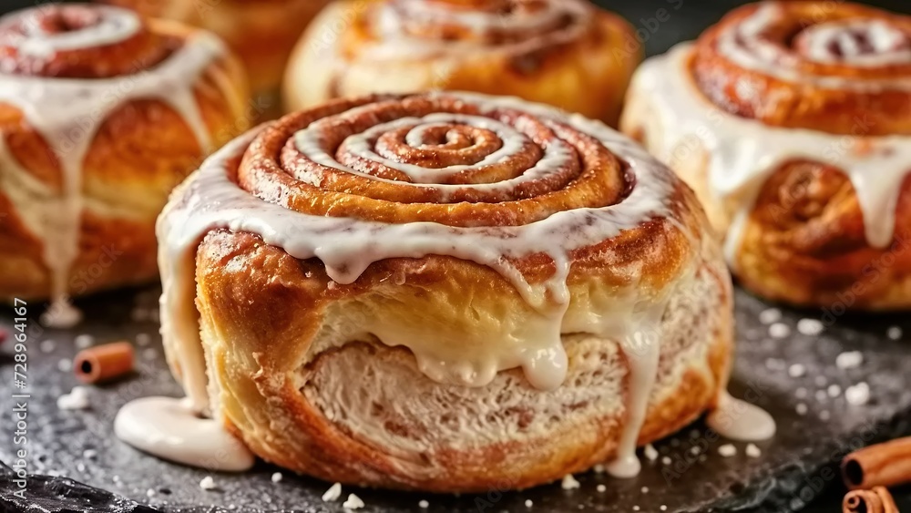 a close-up of a cinnamon roll with icing on a dark surface. There are such rolls in the frame, with some cinnamon sticks scattered around.