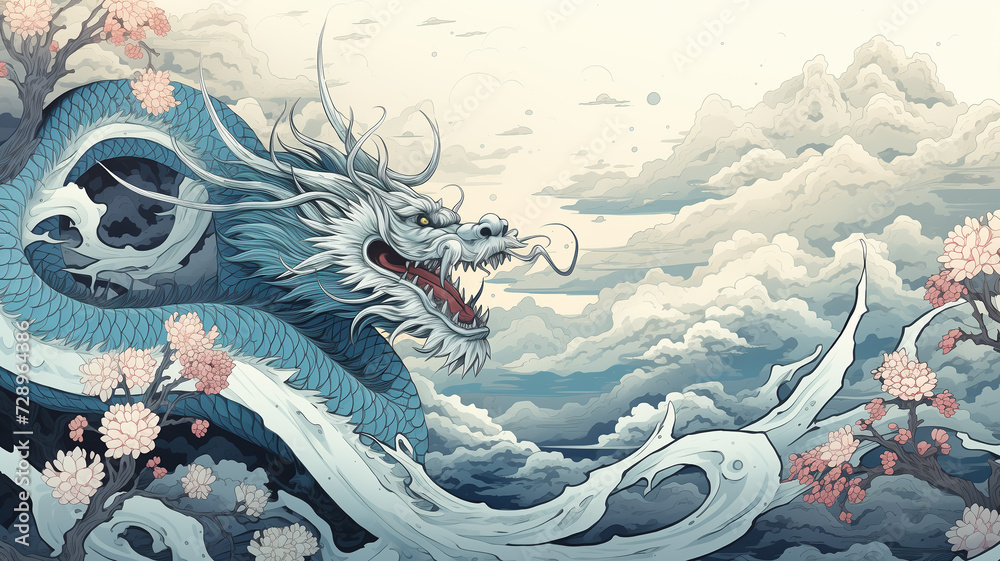 Background image, blue tone, landscape, Chinese dragon