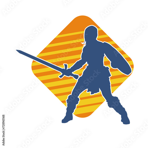 Silhouette of a female warrior in battle armor carrying sword weapon and iron shield.