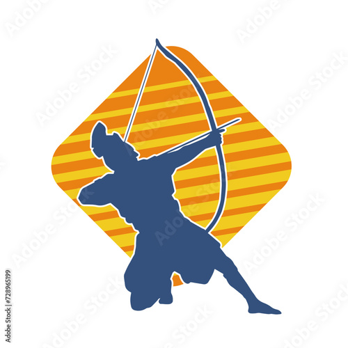 Silhouette of a male archer warrior in action pose. Silhouette of a man fighter carrying archery weapon.