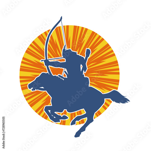 Silhouette of an ancient cavalry soldier aiming with archery weapon. Silhouette of an archer on his running horse.