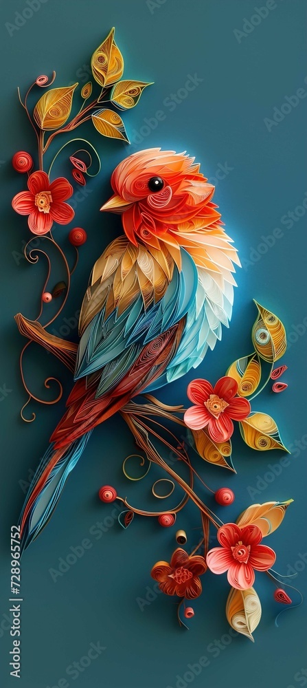 An image of colorful bird quilling on a branch, in the style of layered and complex compositions